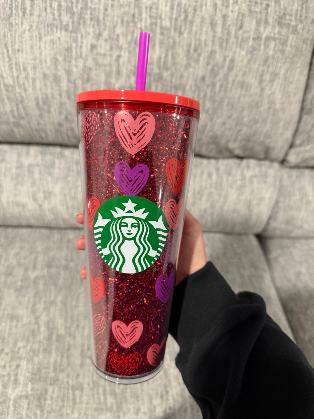 Starbucks Red Glitter Heart Tumbler with Purple Straw